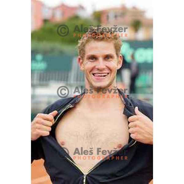 Blaz Rola of Slovenia in action during Davis Cup match Slovenia-Israel in 1 Europe / Africa group, played in Portoroz, Slovenia on April 4, 2014
