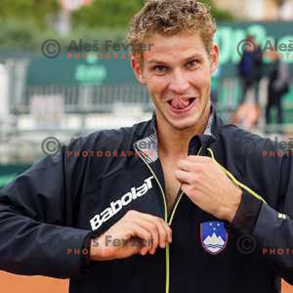 Blaz Rola of Slovenia in action during Davis Cup match Slovenia-Israel in 1 Europe / Africa group, played in Portoroz, Slovenia on April 4, 2014