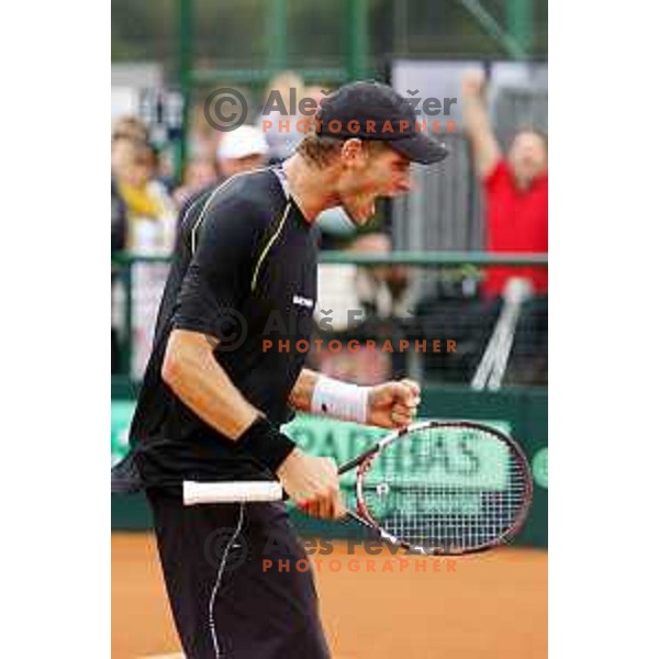 Blaz Rola of Slovenia in action during Davis Cup match Slovenia-Israel in 1 Europe / Africa group, played in Portoroz, Slovenia on April 4, 2014