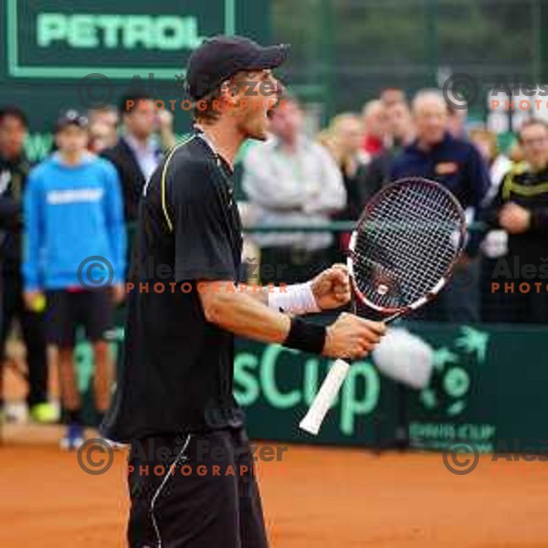 Blaz Rola of Slovenia in action during Davis Cup match Slovenia-Israel in 1 Europe / Africa group, played in Portoroz, Slovenia on April 4, 2014
