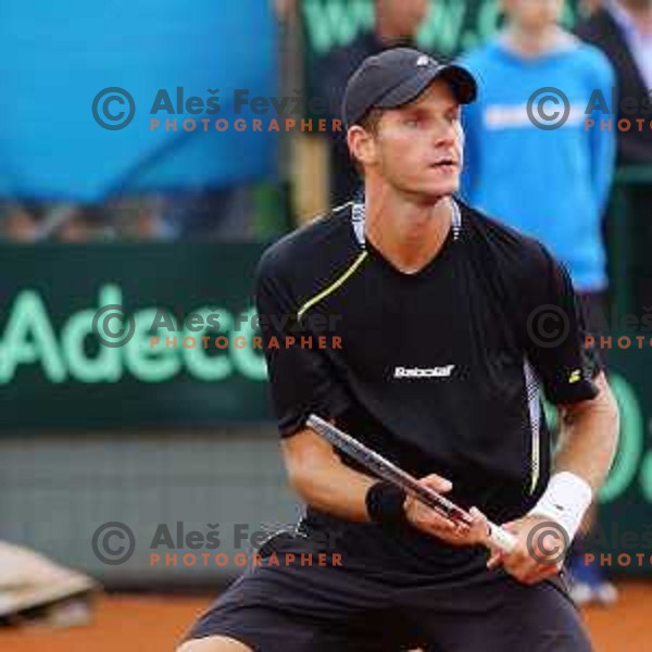 Blaz Rola of Slovenia in action during Davis Cup match Slovenia-Israel in 1 Europe / Africa group, played in Portoroz, Slovenia on April 4, 2014