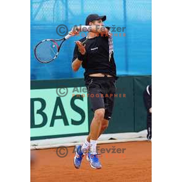 Blaz Rola of Slovenia in action during Davis Cup match Slovenia-Israel in 1 Europe / Africa group, played in Portoroz, Slovenia on April 4, 2014