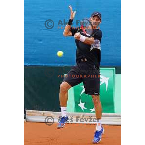 Blaz Rola of Slovenia in action during Davis Cup match Slovenia-Israel in 1 Europe / Africa group, played in Portoroz, Slovenia on April 4, 2014