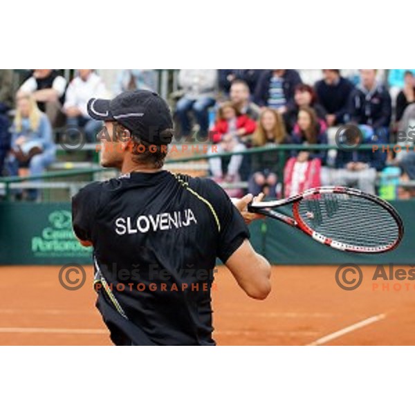Blaz Rola of Slovenia in action during Davis Cup match Slovenia-Israel in 1 Europe / Africa group, played in Portoroz, Slovenia on April 4, 2014
