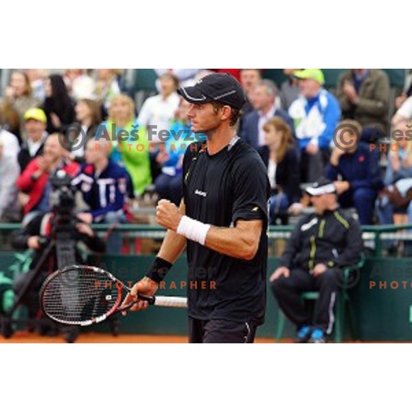 Blaz Rola of Slovenia in action during Davis Cup match Slovenia-Israel in 1 Europe / Africa group, played in Portoroz, Slovenia on April 4, 2014