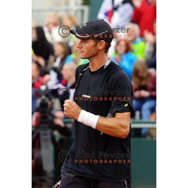 Blaz Rola of Slovenia in action during Davis Cup match Slovenia-Israel in 1 Europe / Africa group, played in Portoroz, Slovenia on April 4, 2014