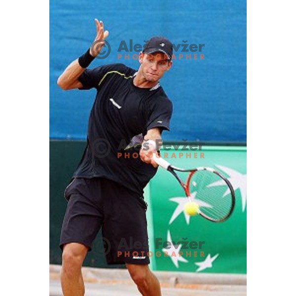 Blaz Rola of Slovenia in action during Davis Cup match Slovenia-Israel in 1 Europe / Africa group, played in Portoroz, Slovenia on April 4, 2014