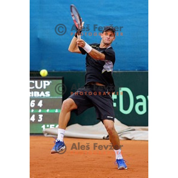 Blaz Rola of Slovenia in action during Davis Cup match Slovenia-Israel in 1 Europe / Africa group, played in Portoroz, Slovenia on April 4, 2014