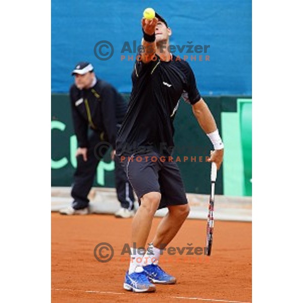 Blaz Rola of Slovenia in action during Davis Cup match Slovenia-Israel in 1 Europe / Africa group, played in Portoroz, Slovenia on April 4, 2014