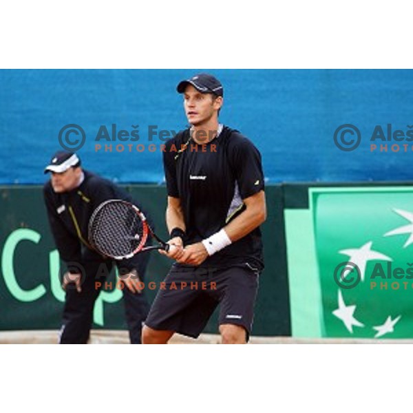 Blaz Rola of Slovenia in action during Davis Cup match Slovenia-Israel in 1 Europe / Africa group, played in Portoroz, Slovenia on April 4, 2014