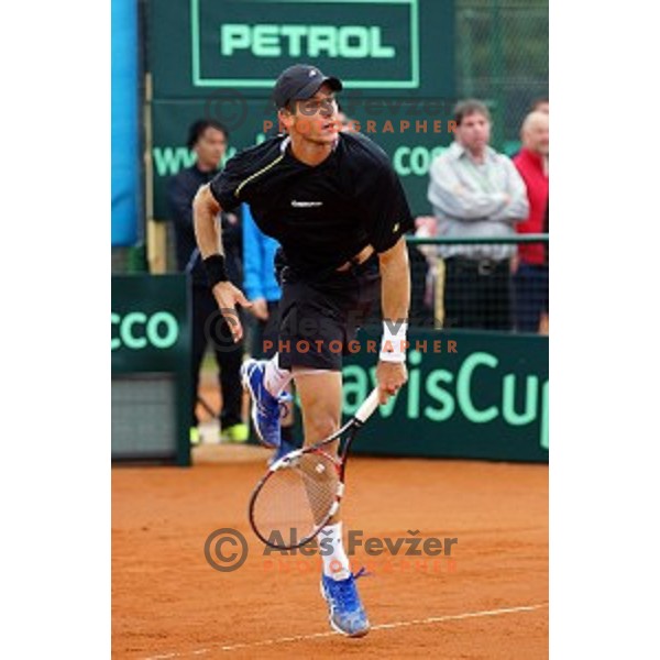 Blaz Rola of Slovenia in action during Davis Cup match Slovenia-Israel in 1 Europe / Africa group, played in Portoroz, Slovenia on April 4, 2014