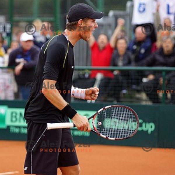 Blaz Rola of Slovenia in action during Davis Cup match Slovenia-Israel in 1 Europe / Africa group, played in Portoroz, Slovenia on April 4, 2014