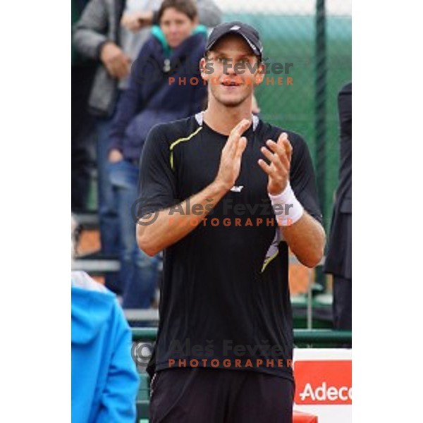 Blaz Rola of Slovenia in action during Davis Cup match Slovenia-Israel in 1 Europe / Africa group, played in Portoroz, Slovenia on April 4, 2014