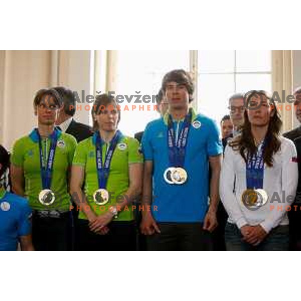 Teja Gregorin, Vesna Fabjan, Zan Kosir and Tina Maze during reception for Slovenian Olympic team at Borut Pahor, presidente of Republic of Slovenia, Ljubljana on april 7, 2014