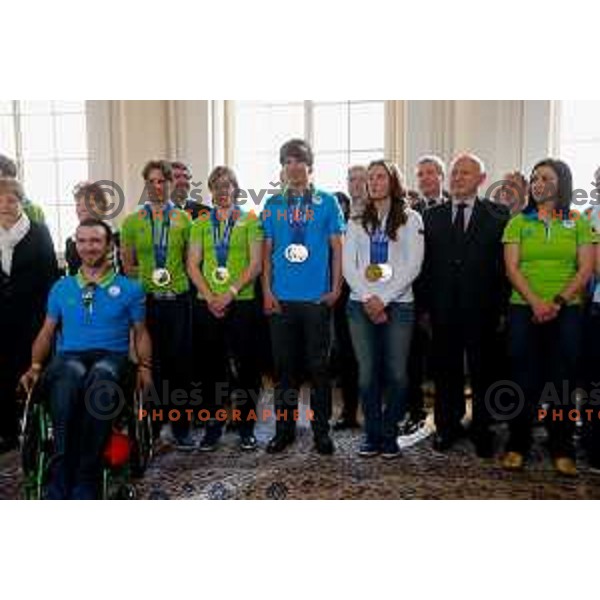 Teja Gregorin, Vesna Fabjan, Zan Kosir and Tina Maze during reception for Slovenian Olympic team at Borut Pahor, presidente of Republic of Slovenia, Ljubljana on april 7, 2014