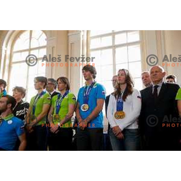 Teja Gregorin, Vesna Fabjan, Zan Kosir and Tina Maze during reception for Slovenian Olympic team at Borut Pahor, presidente of Republic of Slovenia, Ljubljana on april 7, 2014