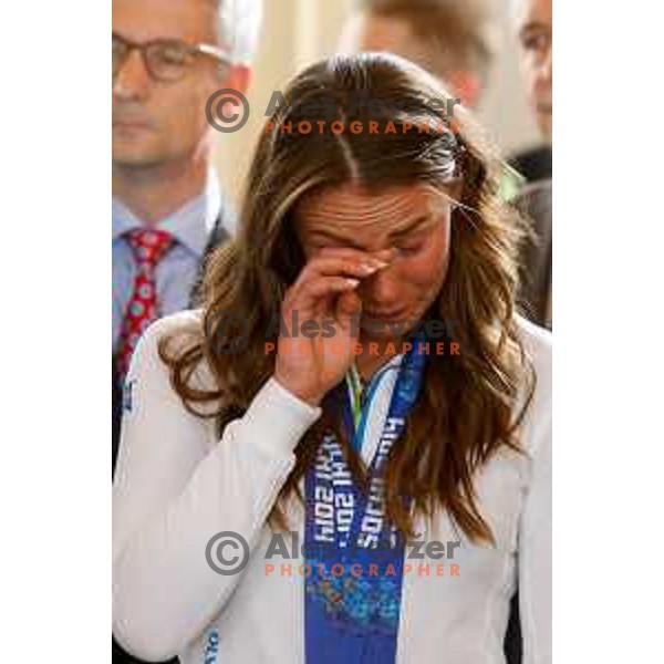 Tina Maze during reception for Slovenian Olympic team at Borut Pahor, presidente of Republic of Slovenia, Ljubljana on april 7, 2014