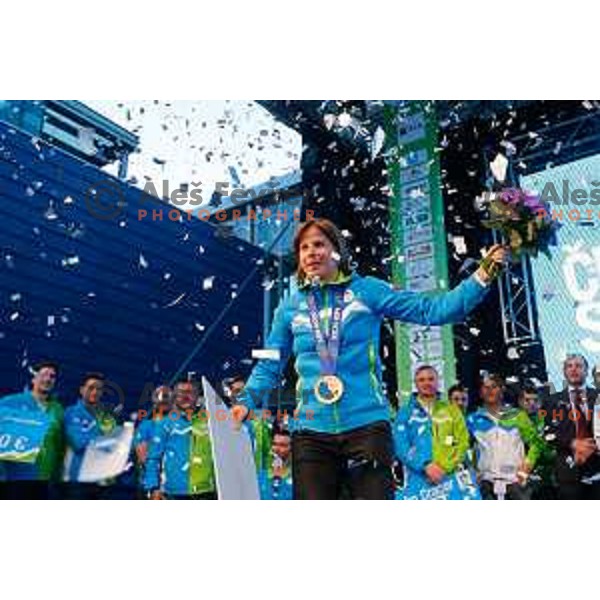 Vesna Fabjan during reception for Slovenian Olympic team in Ljubljana, Slovenia on april 7, 2014