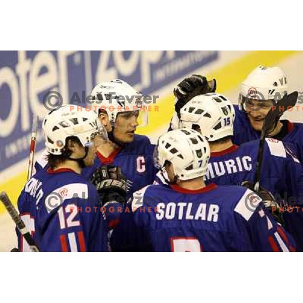 Slovenia players celebrate at match Slovenia- Japan at World Championship Division 1 group B in Ljubljana.Photo by Ales Fevzer 