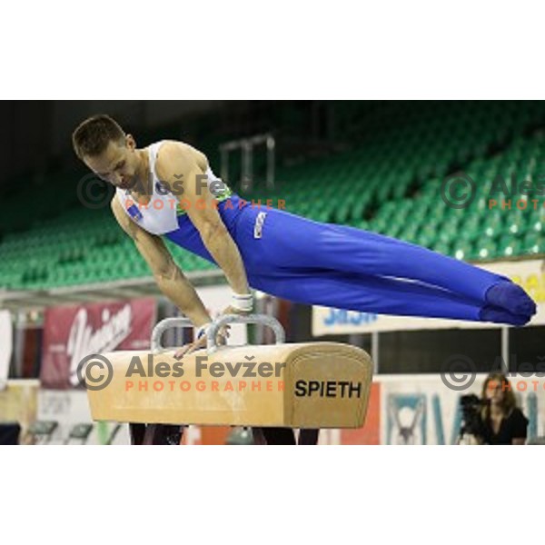 Saso Bertoncelj of Slovenia competing in the final of Pommel Horse during Artistic Gymnastics World Challenge Cup in Hala Tivoli, Ljubljana, Slovenia on April 19, 2014