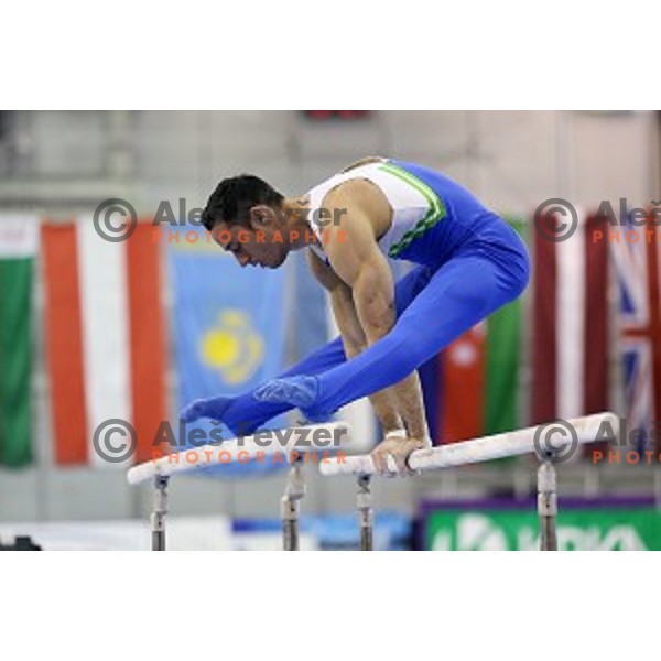 Alen Dimic of Slovenia competing at Parallel Bars during Artistic Gymnastics World Challenge Cup in Hala Tivoli, Ljubljana, Slovenia on April 20, 2014