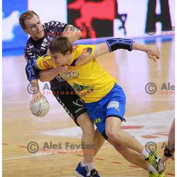 Sebastjan Skube of Celje Pivovarna Lasko in action during handball match Celje PL- Maribor Branik in 1.NLB leasing league, played in Zlatorog Hall, Celje, Slovenia on May 16, 2014