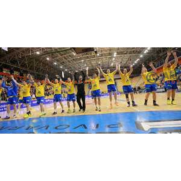 Players of Celje Pivovarna Lasko in action during 1.NLB leasing league handball match Celje PL- Maribor Branik, played in Arena Zlatorog, Celje, Slovenia on May 16, 2014