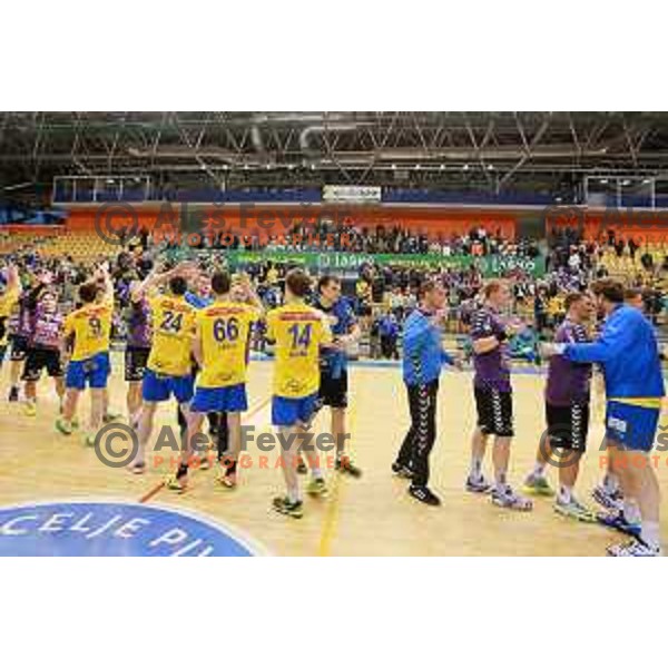 Players of Celje Pivovarna Lasko in action during 1.NLB leasing league handball match Celje PL- Maribor Branik, played in Arena Zlatorog, Celje, Slovenia on May 16, 2014