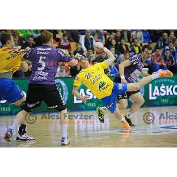 Nemanja Zelenovic of Celje Pivovarna Lasko in action during 1.NLB leasing league handball match Celje PL- Maribor Branik, played in Arena Zlatorog, Celje, Slovenia on May 16, 2014