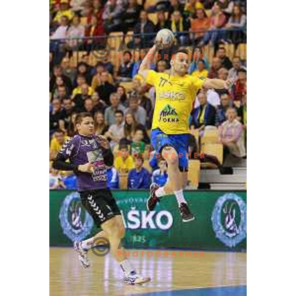 Luka Zvizej of Celje Pivovarna Lasko in action during 1.NLB leasing league handball match Celje PL- Maribor Branik, played in Arena Zlatorog, Celje, Slovenia on May 16, 2014