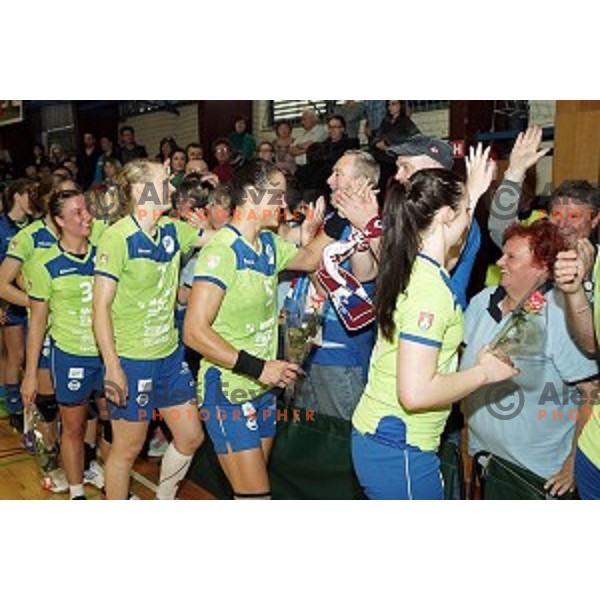 Players of Krim Mercator celebrate victory over Gen I Zagorje and Slovenian National Handball Title in Galjevica Hall, Ljubljana on May 17, 2014