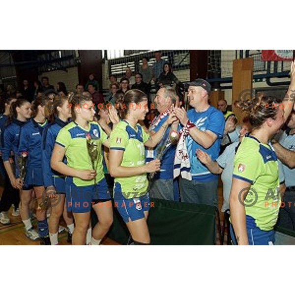 Players of Krim Mercator celebrate victory over Gen I Zagorje and Slovenian National Handball Title in Galjevica Hall, Ljubljana on May 17, 2014