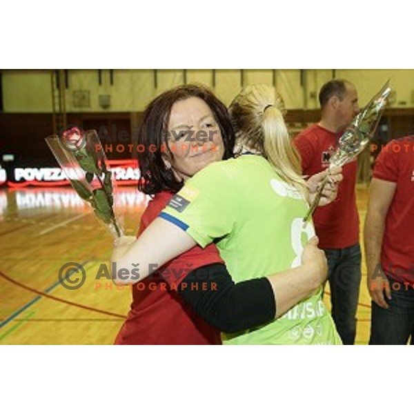 Players of Krim Mercator celebrate victory over Gen I Zagorje and Slovenian National Handball Title in Galjevica Hall, Ljubljana on May 17, 2014