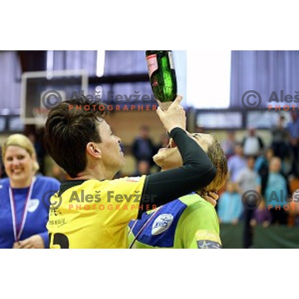 Players of Krim Mercator celebrate victory over Gen I Zagorje and Slovenian National Handball Title in Galjevica Hall, Ljubljana on May 17, 2014