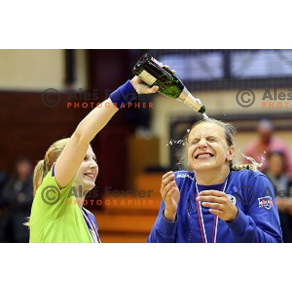 Players of Krim Mercator celebrate victory over Gen I Zagorje and Slovenian National Handball Title in Galjevica Hall, Ljubljana on May 17, 2014