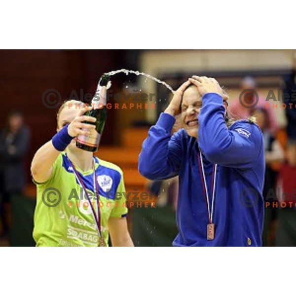 Players of Krim Mercator celebrate victory over Gen I Zagorje and Slovenian National Handball Title in Galjevica Hall, Ljubljana on May 17, 2014