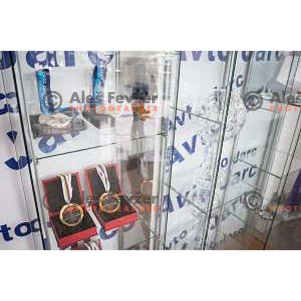 Medals and crystal globes as seen at Tina Maze press conference at Avto Jarc on 23.5.2014 in Maribor