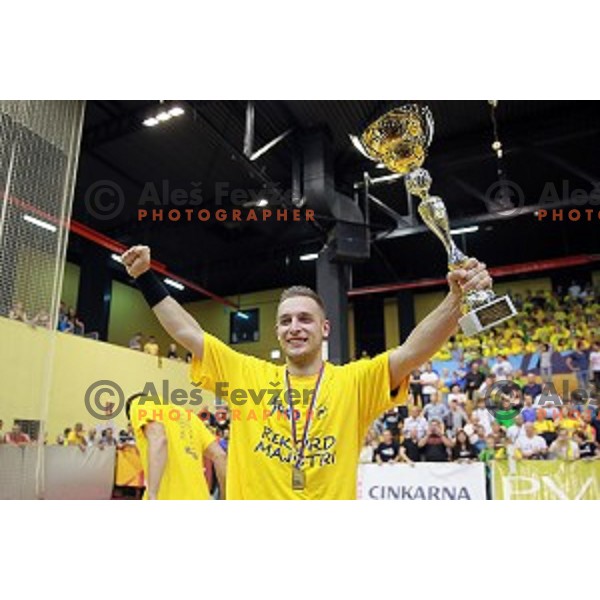 Players of Celje Pivovarna Lasko celebrate Slovenian national title in 1.NLB leasing League in Red Hall, Velenje on May 23, 2014