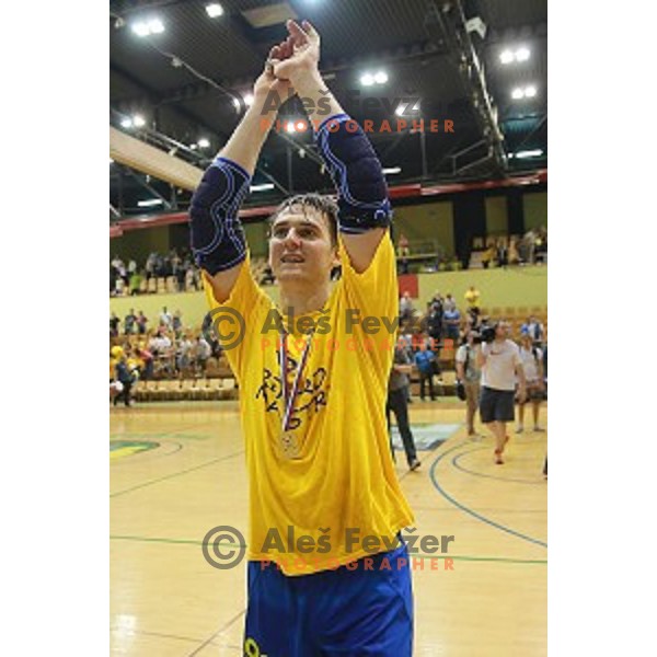 Sebastjan Skube of Celje Pivovarna Lasko celebrates Slovenian national title in 1.NLB leasing League in Red Hall, Velenje on May 23, 2014