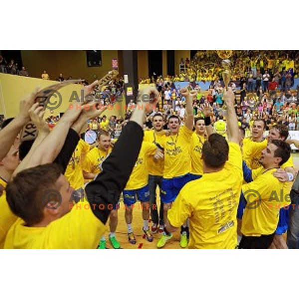 Players of Celje Pivovarna Lasko celebrate Slovenian national title in 1.NLB leasing League in Red Hall, Velenje on May 23, 2014