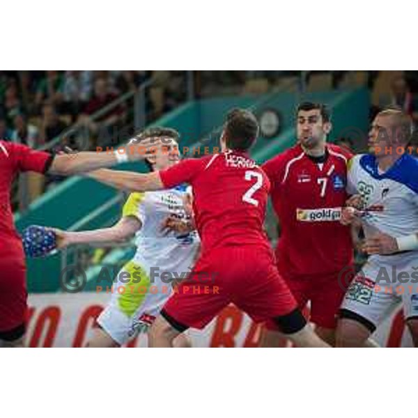 Sebastian Skube, Hermann Alexander, Bozovic Janko, Gaber Matej (L-R) in action during friendly handball match between Slovenia and Austria on June 2, 2014, Maribor