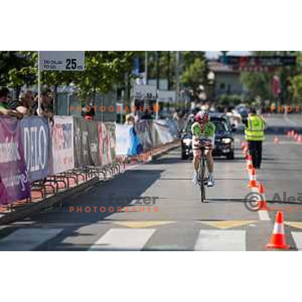 Rutar Tjaša at finish of Slovenian time trail Championships in Ljubljana.