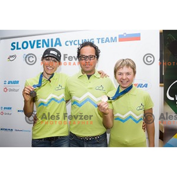 Blaza Klemencic, Robert Pintaric, Tanja Zakelj at the press conference after winning the European championships, Ljubljana, Slovenia, 10.06.2014