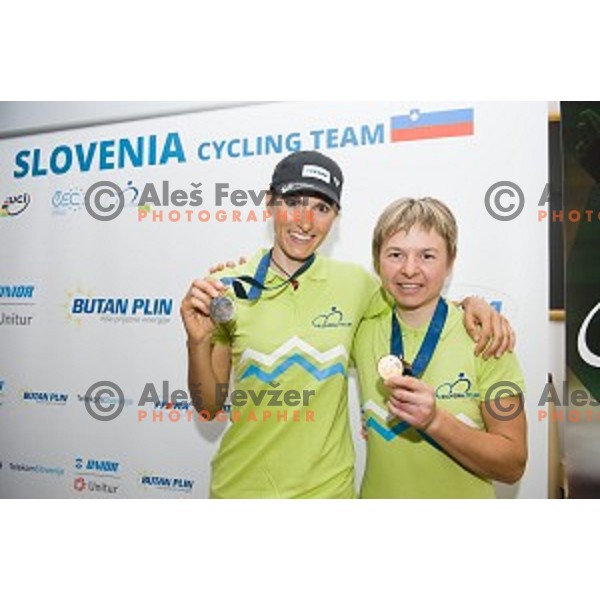 Blaza Klemencic, Tanja Zakelj at the press conference after winning the European championships, Ljubljana, Slovenia, 10.06.2014