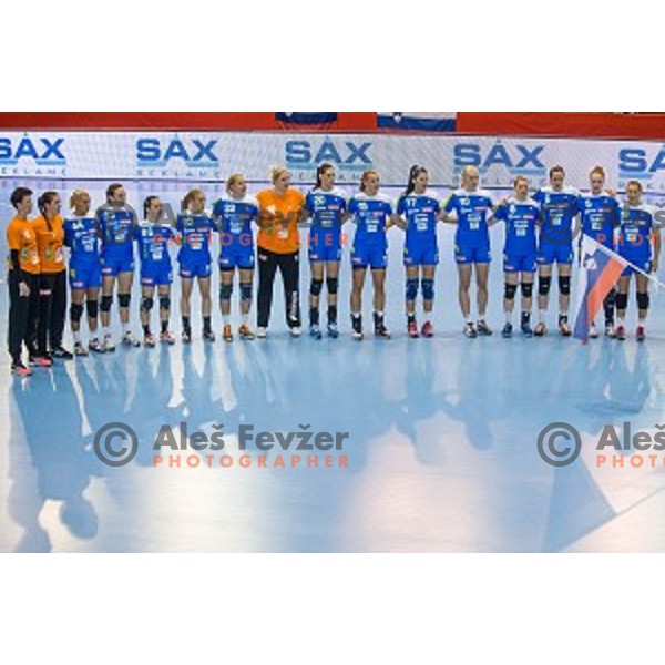 Team Slovenia in action during Handballl match Slovenia - Sweden, EHF Euro 2014 qualifying, Kodeljevo, Ljubljana, Slovenia, 11.06.2014