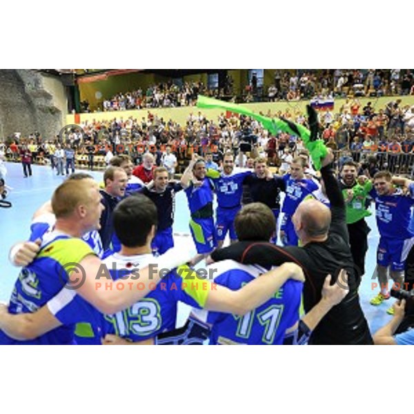 Players of Slovenia celebrate victory in qualification match for Qatar 2015 World Handball Championships between Slovenia and Hungary, played in Red Hall, Velenje on June 15, 2014