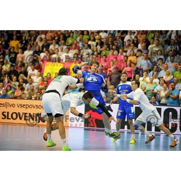 Dean Bombac of Slovenia in action at qualification match for Qatar 2015 World Handball Championships between Slovenia and Hungary, played in Red Hall, Velenje on June 15, 2014