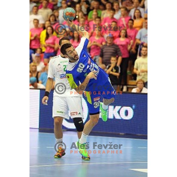 Dragan Gajic of Slovenia in action at qualification match for Qatar 2015 World Handball Championships between Slovenia and Hungary, played in Red Hall, Velenje on June 15, 2014