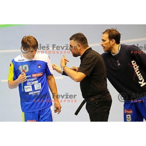 Jure Dolenec, Boris Denic during qualification match for Qatar 2015 World Handball Championships between Slovenia and Hungary, played in Red Hall, Velenje on June 15, 2014