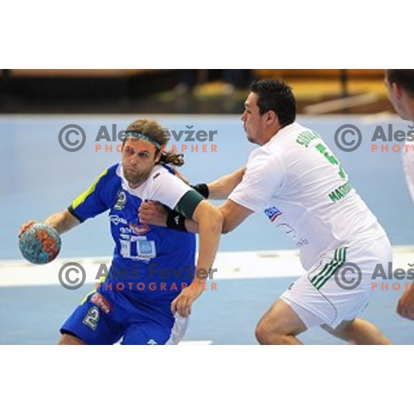 Dean Bombac of Slovenia in action at qualification match for Qatar 2015 World Handball Championships between Slovenia and Hungary, played in Red Hall, Velenje on June 15, 2014